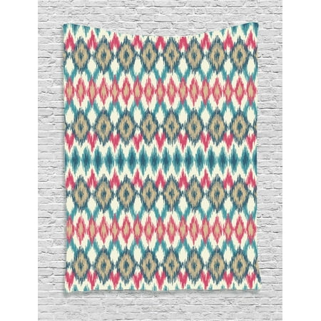 Ikat Tapestry, Asian Style Tied Knotted Triangle Figure Handmade Effect Traditional Boho Design, Wall Hanging for Bedroom Living Room Dorm Decor, Cream Red Teal, by (Best Knot For Hanging Yourself)