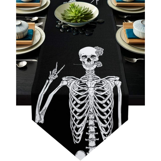 Cotton Linen Table Runners Halloween Day of The Dead Skull Skeleton with Rose Kitchen Dining Burlap Table Decoration for Home Party Decor 16 x 72 Inch