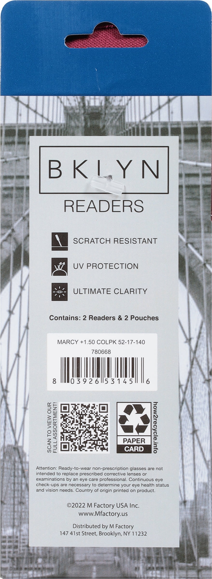 (2 pack) Bklyn, Marcy +1.50, Adult, Womens, Plastic Reading Glasses & Pouches Value Pack , 2 Ea