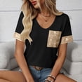 thumbnail image 2 of Laqbezok Women V-Neck Sequin Pocket Short Sleeve T-Shirt, Patchwork Casual Loose Top, Sparkly Fashion Outfit, 2 of 5