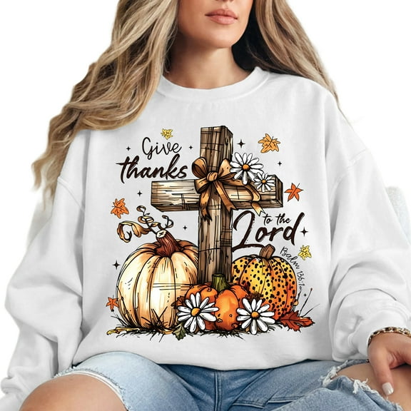 Give Thanks to the Lord Sweatshirt, Psalm 136:1 Christian Fall Pullover, Thanksgiving Pumpkin Cross Crewneck, Unisex Faith Gift