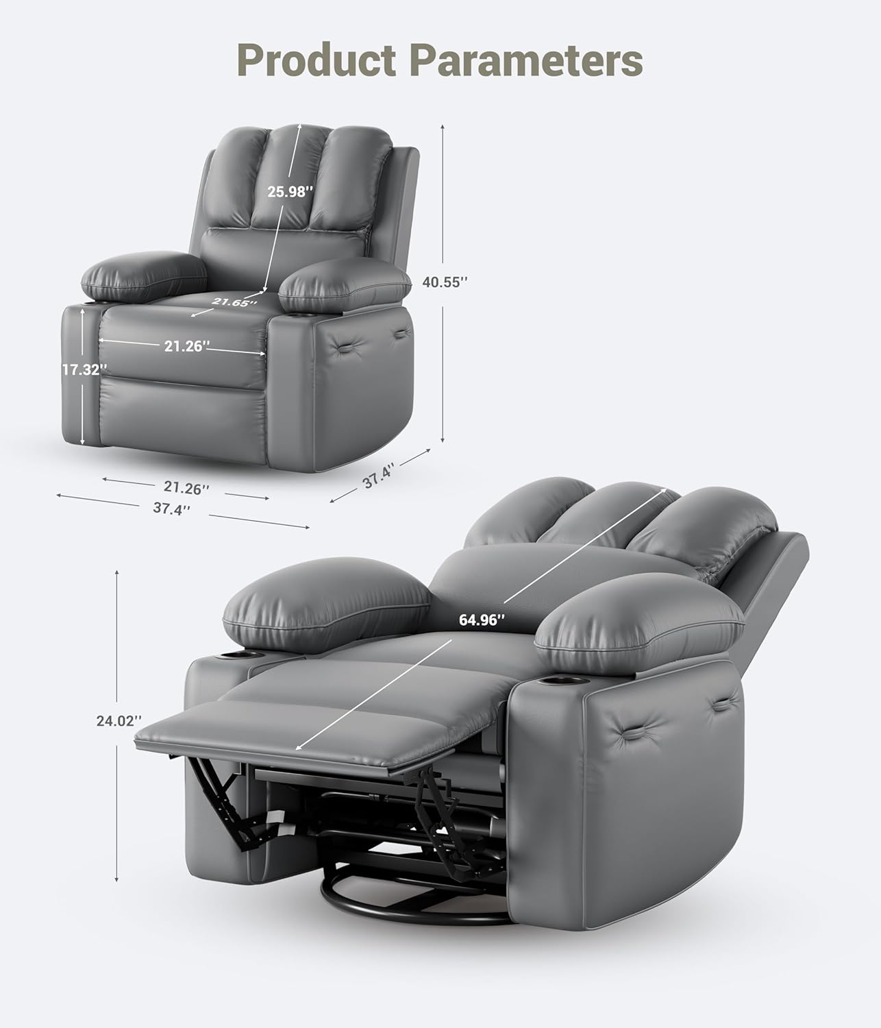 Large Leather Manual Recliner Chair with Comfortable Arms and Built-in Cup Holders, Spacious 21.2 Inch Seat Width, Perfect for Living Room Relaxation and Entertainment