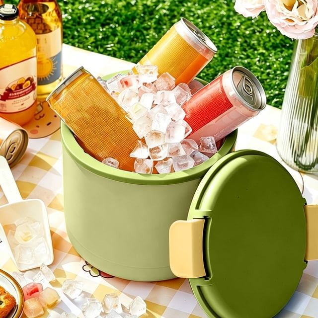 Cubo aislante para bebidas frías con bandeja de hielo y pala, enfriador portátil para exteriores, 20x18,7 cm, plástico, amarillo y verde.