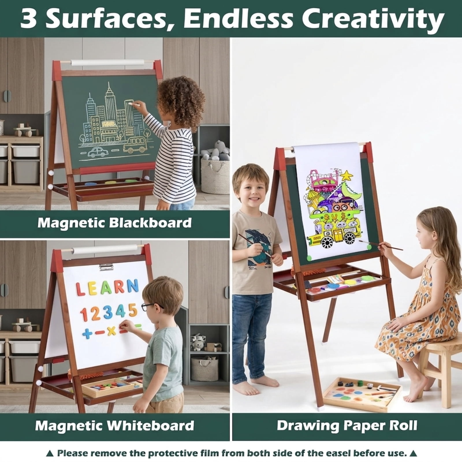 Fenbeli Wooden Kids Art Easel, Height-Adjustable Double-Sided Magnetic Whiteboard and Chalkboard for Ages 3-12, Natural Wood