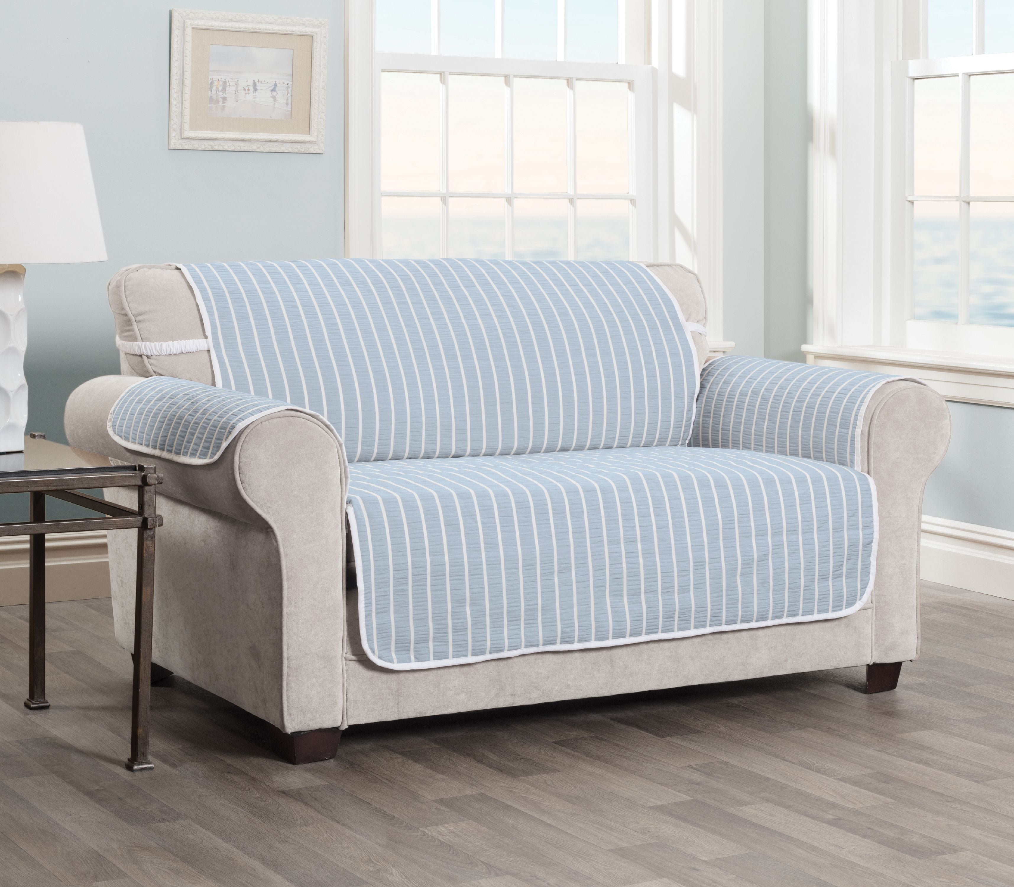 Innovative Textile Solutions 1-Piece Harper Striped Loveseat Furniture Cover Slipcover, Light Blue