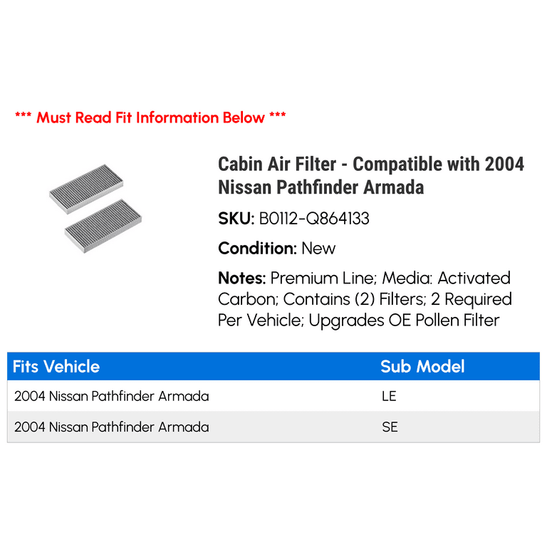 Cabin Air Filter Compatible with 2004 Nissan Pathfinder Armada