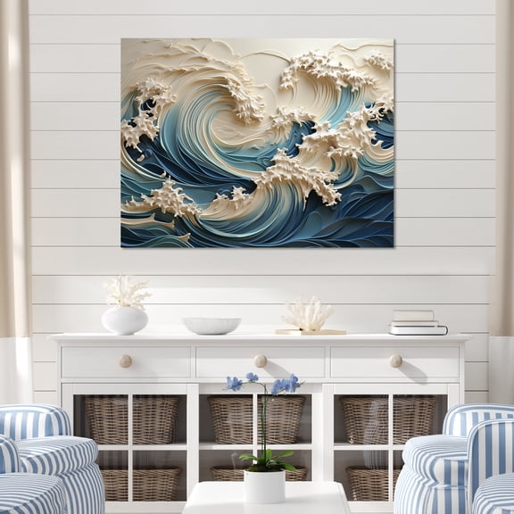 Designart "Papercut-Style Waves In White And Blue III" Coastal Waves Canvas Prints