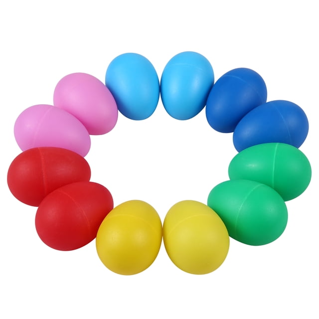 12 Pieces Egg Shakers Musical Instruments Percussion Egg for Kids Toys Plastic Easter Egg Shaker for Learning DIY Painting, Classroom Music, Rhythm, 6 Colors. The set features 12 lightweight plastic egg shakers in vibrant red, yellow, light blue, dark blue, green, and pink, arranged in a circular layout. Each shaker measures 60 x 40mm and weighs 16g, perfect for children aged 4-6 to develop rhythm skills. Ideal for classroom music, early learning, or DIY painting projects.