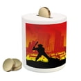 thumbnail image 2 of Teen Room Piggy Bank, Men Playing Baseball in the Town City Park Tall Buildings Urban Scenery, Ceramic Coin Bank Money Box for Cash Saving, 3.6" X 3.2", Red Yellow Black, by Ambesonne, 2 of 4