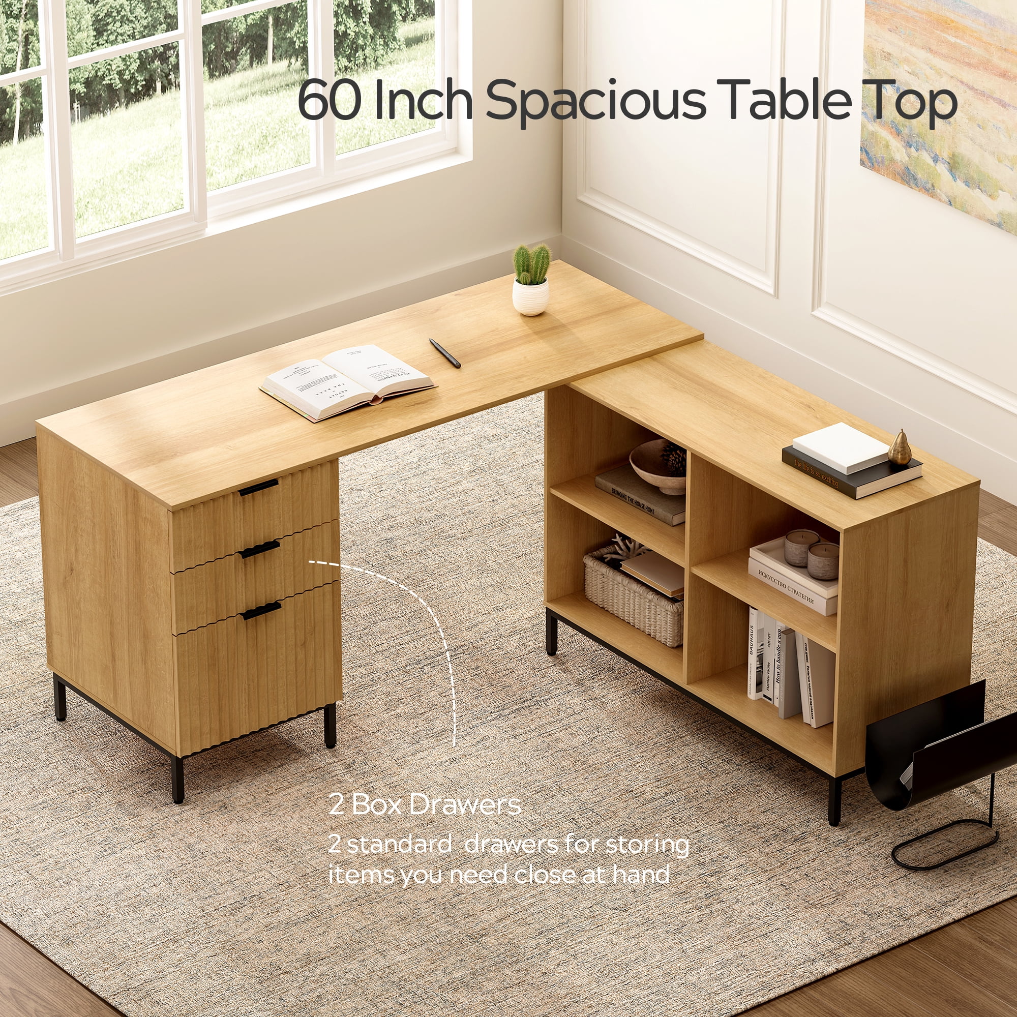 EYYTHUNG 60" Fluted Executive Desk with Storage Cabinet, Modern Home Office Desk with File Drawer, L Shaped Writing Desk
