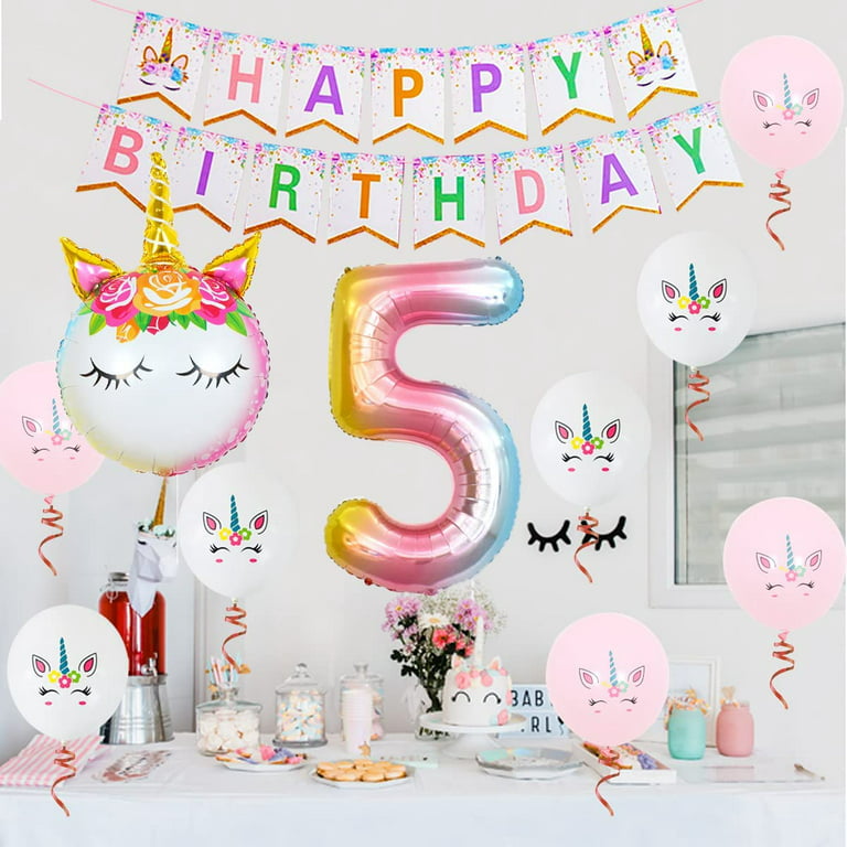 Unicorn 5th Birthday Party Decorations for Girls, Unicorn Birthday Party  Supplies, Unicorn Balloons Happy Birthday Banner, HI FIVE Foil Balloons  Rainbow Party Decor 