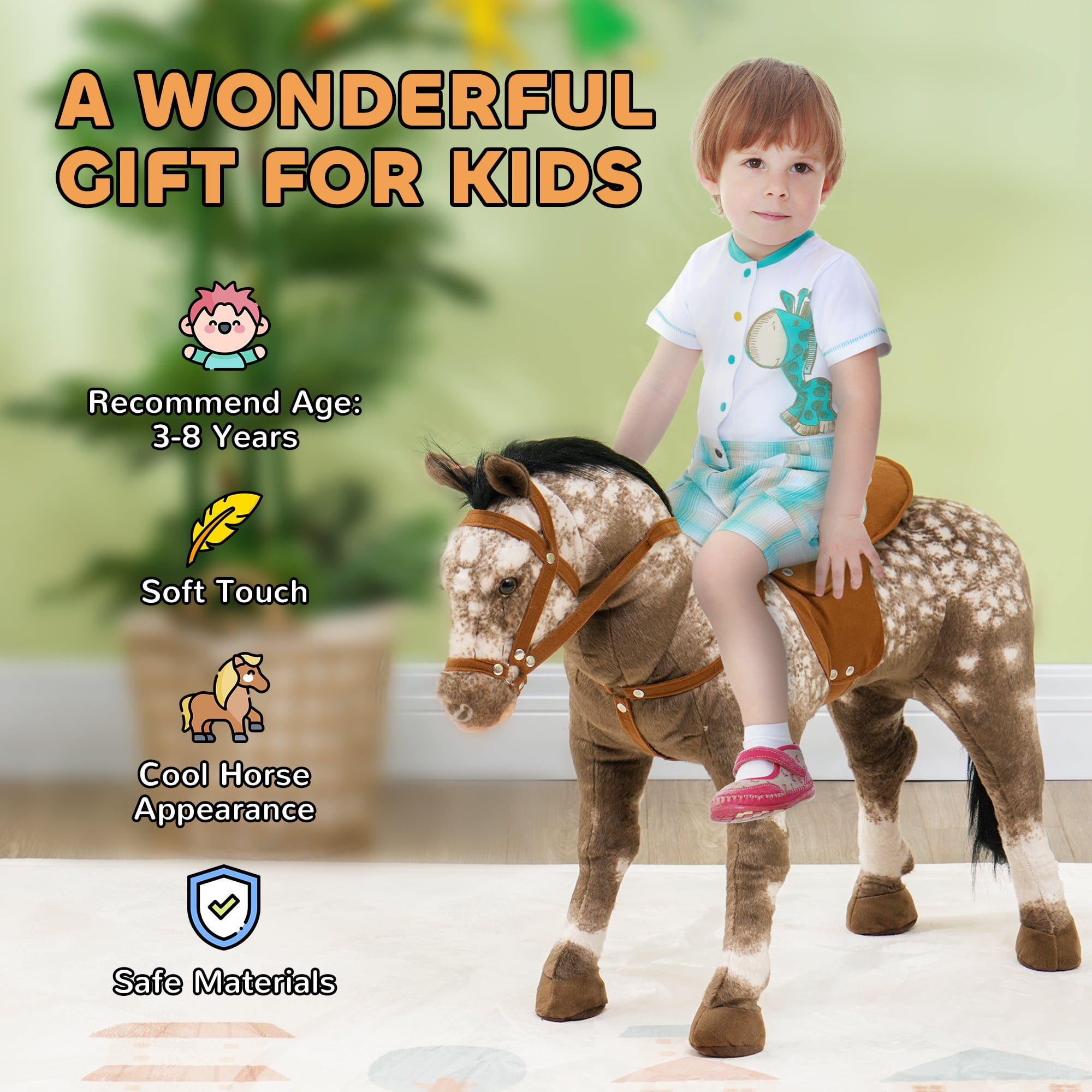 Qaba Ride on Horse, Riding Horse with Neighing Sound, Saddle, Ride on Animal for Kids Boys Girls 3-8 Years Old, Brown