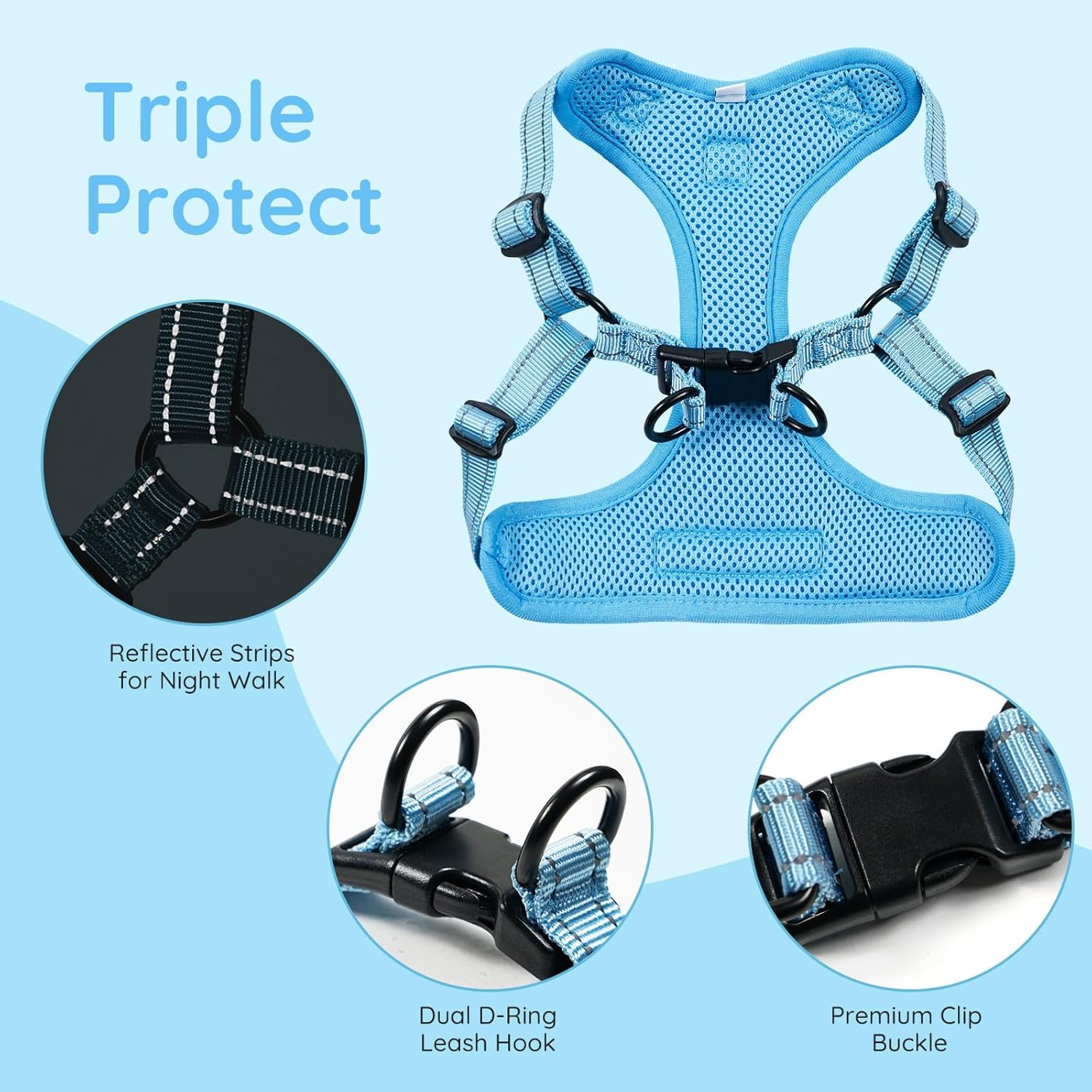 BELLA & PAL Dog Harness for Medium Dogs, Adjustable Reflective No Pull Step-in Dog Vest, Breathable Soft Mesh Harness and Leash Set for Small Medium Dogs, Sky Blue, L