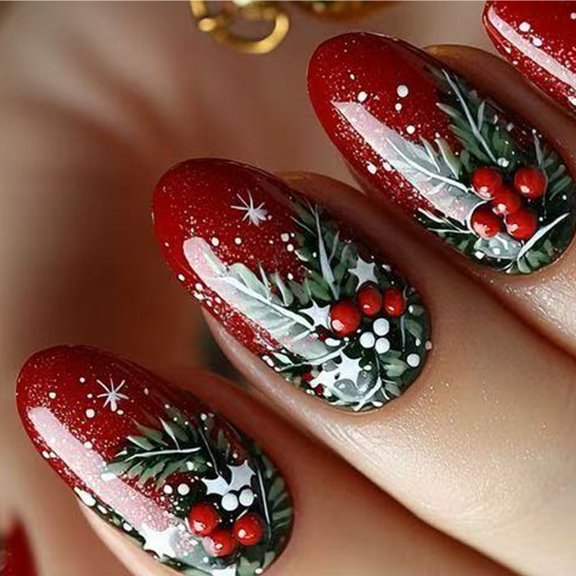 24Pcs Sparkling Red Christmas Artificial Nail Santa Pattern for Winter Party