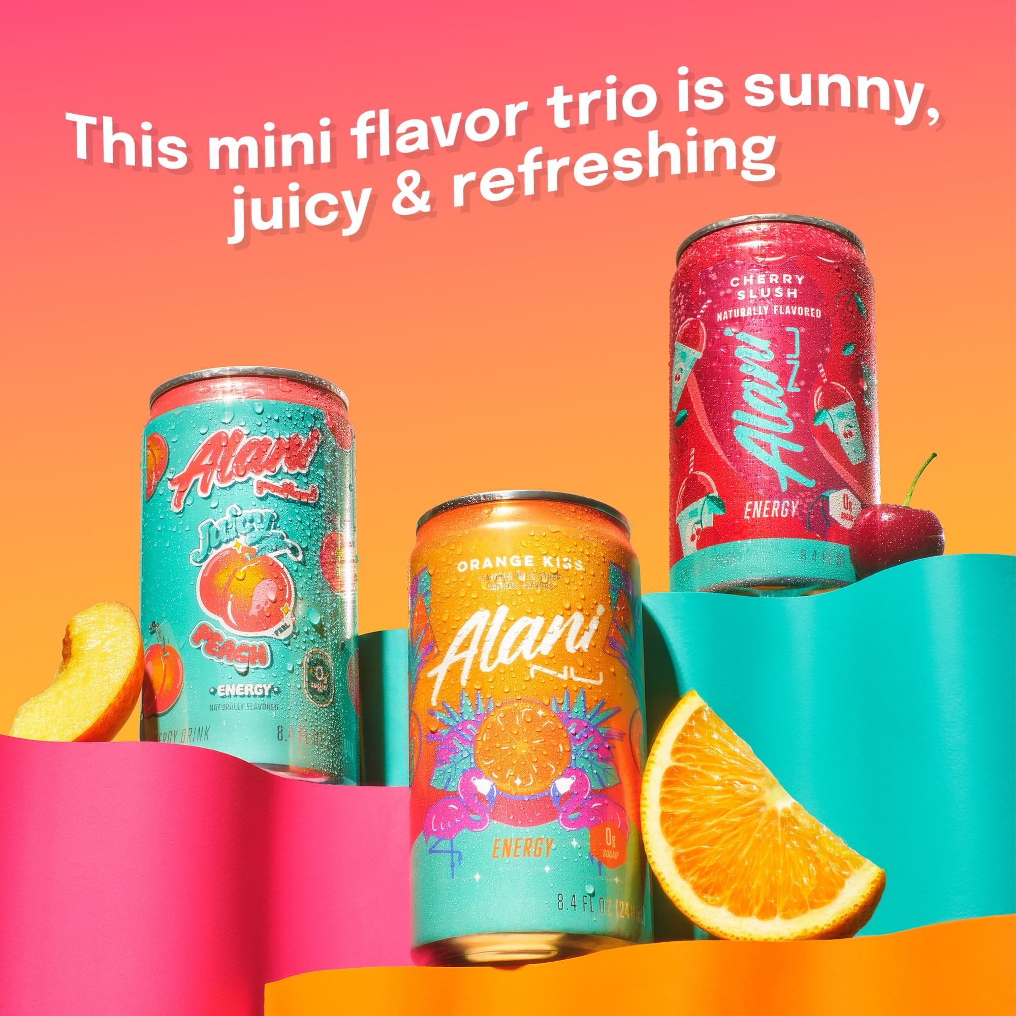 Alani Nu, Mini Variety Pack Cherry Slush, Juicy Peach, Orange Kiss, 8.4 fl oz, pack of 12