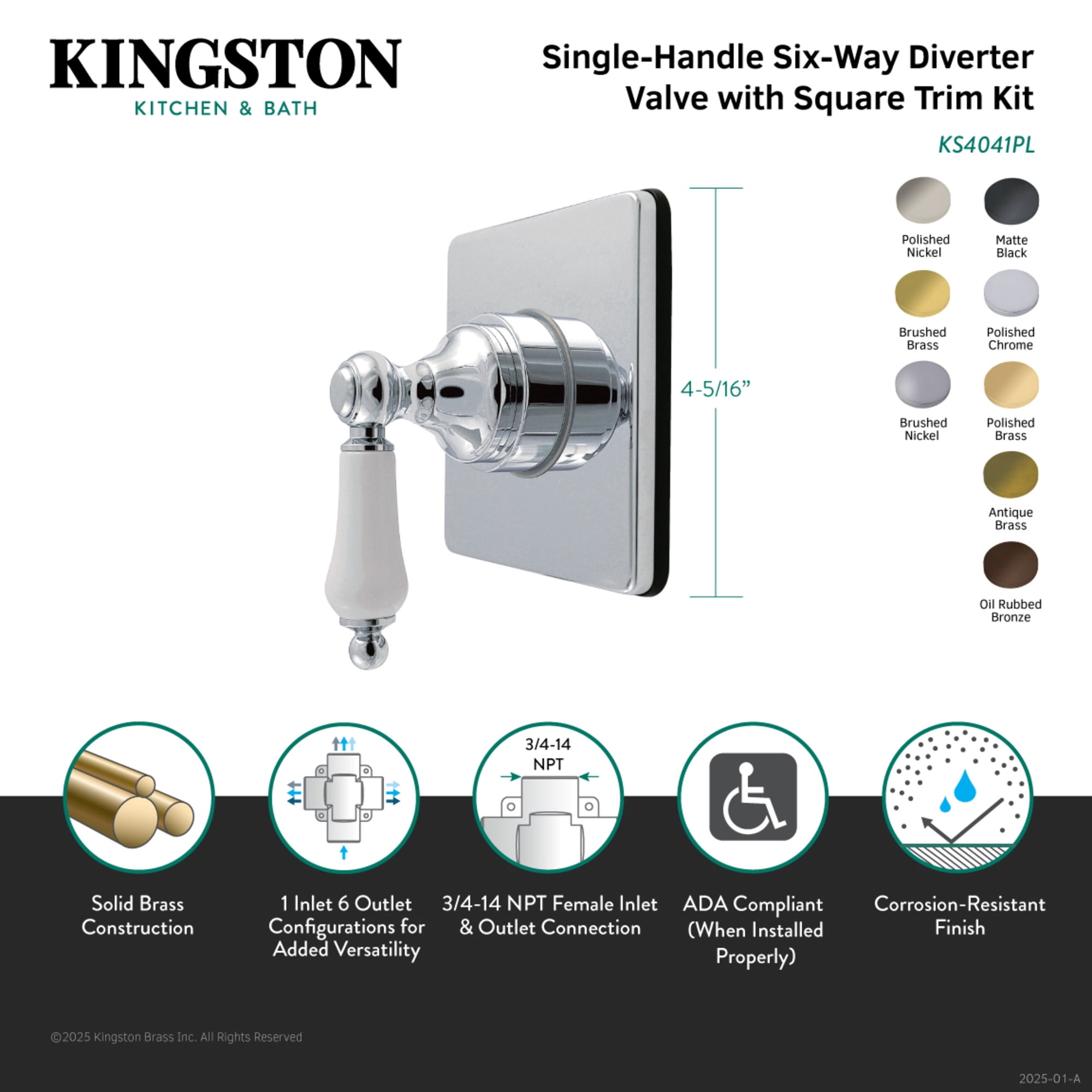 Kingston Brass KS4040PL Restoration Single-Handle Six-Way Diverter Valve with Square Trim Kit, Matte Black