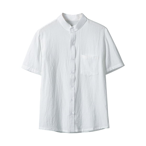 Camisa de Botón de Manga Corta de los Hombres, Holiday Casual Color Sólido, Camisa de Bolsillo de Cuello de Pie