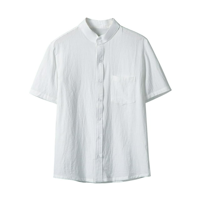Camisa de Botón de Manga Corta de los Hombres, Holiday Casual Color Sólido, Camisa de Bolsillo de Cuello de Pie