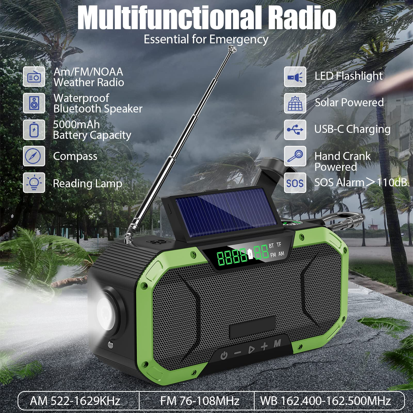 iFanze Emergency Weather Radio, 5000mAh Solar Hand Crank Radio, AM FM NOAA Weather Alert Radio with Bluetooth Speakers/ Flashlight/ SOS, Green - image 4 of 9