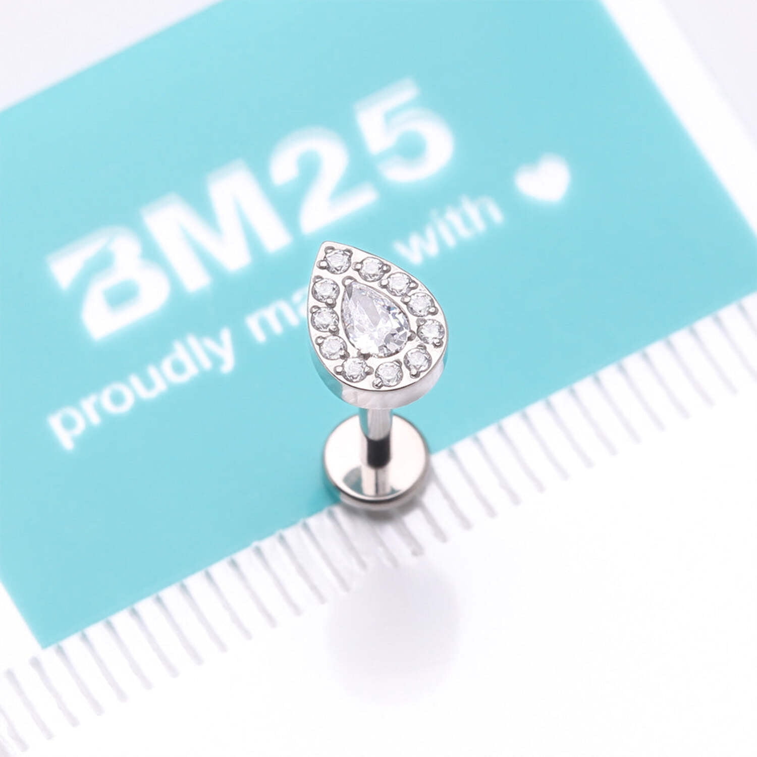 Implant Grade Titanium Brilliant Teardrop Sparkle Internally Threaded Flat Back Stud Labret