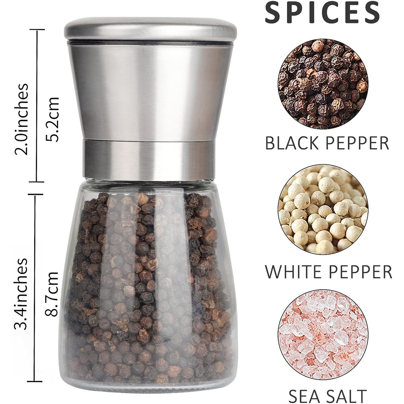 Salt and Pepper Grinder Set Refillable Adjustable Coarseness Stainless Steel with Ceramic Rotor Kitchen Spice Mills Set of 2