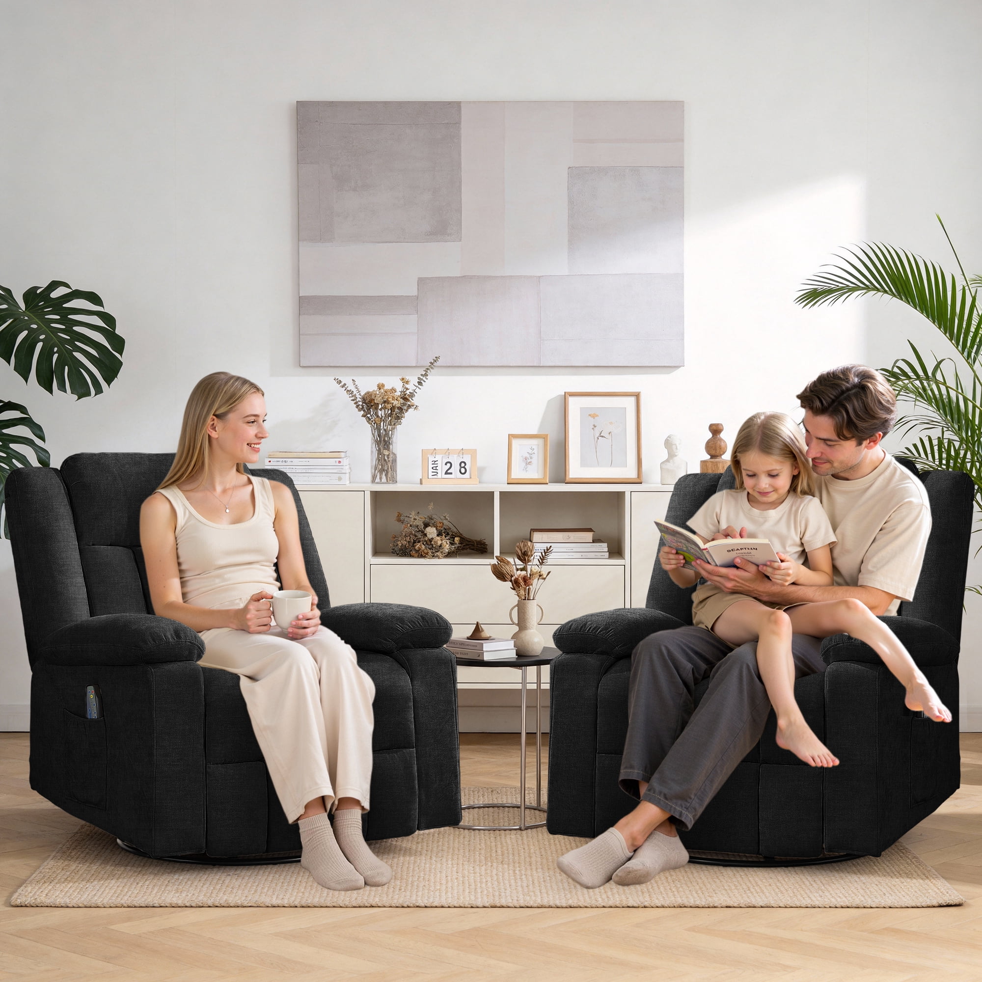Korser 360°Swivel Rocker Recliner with Massage and Heating,Rocker Recliner Chair for Adults with Side Pockets Nursery Glider Recliner for Living Room,Chenille,Black