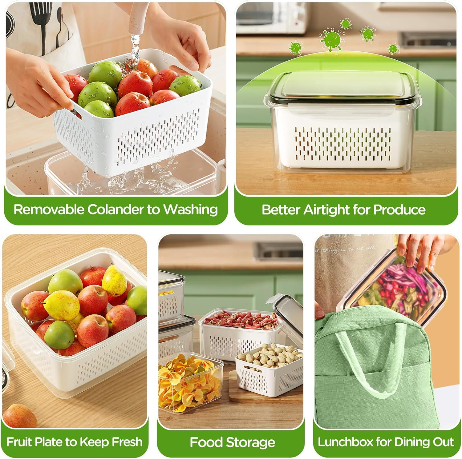 Fruit Storage Containers for Fridge, Produce Containers for Fridge with Removable Colander, All-In-One Fruit Washing Bowl with Strainer Microwave/Dishwasher Safe for Salad Berry Lettuce Keeper