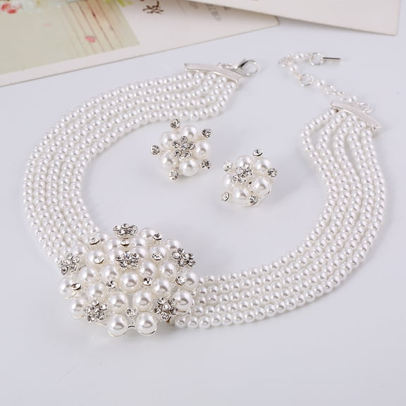 OPOLSKI 1 Set Necklace Earrings Set High Gloss Shiny Bright Luster Knotted Beaded Faux Pearl Flower Wedding Bridal Necklace Earrings White