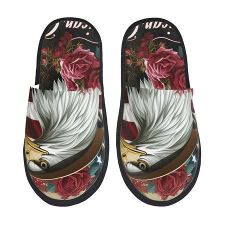 Balery Eagle With Hat And Roses Slient Indoor Furry Fleece Comfort House Shoes Soft Non-Slip Home Shoes Cotton slippers House Slippers-- Large