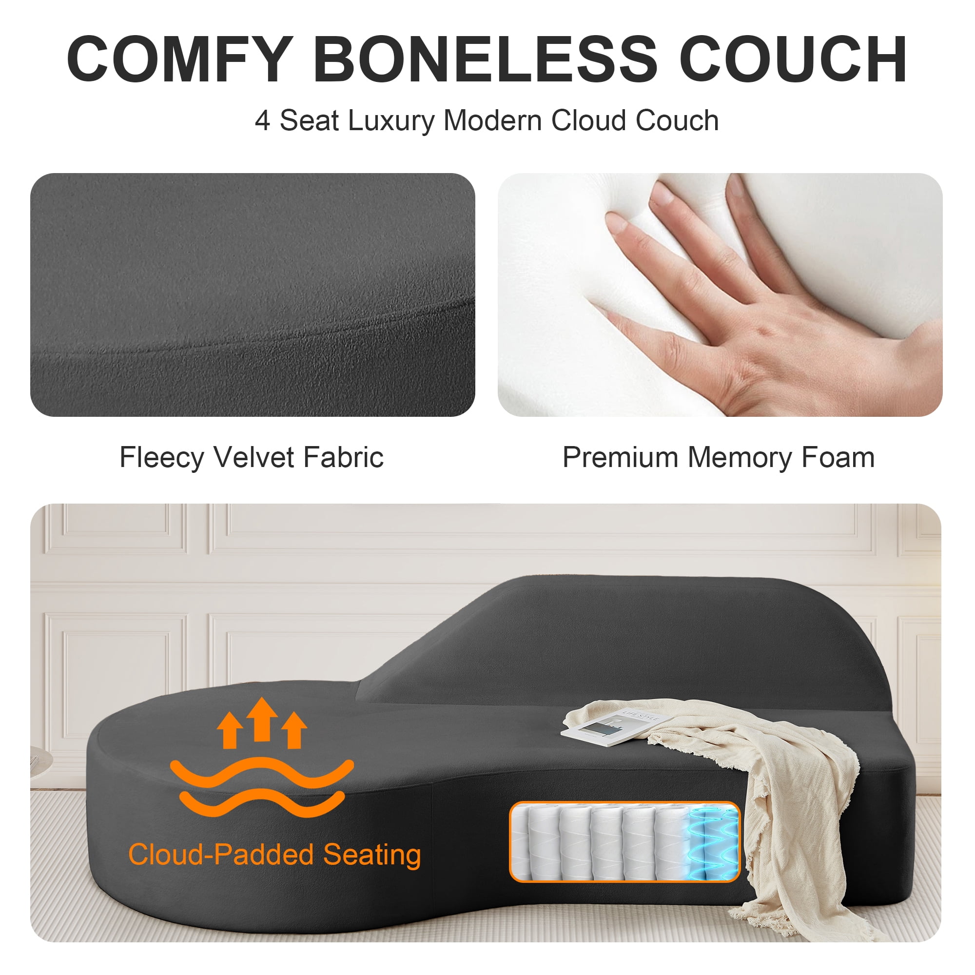 Aukfa 91" Comfy 3 Seat Sofa Deep Seat Curved Couch, No Assembly Boneless Sofa, Chenille, Gray
