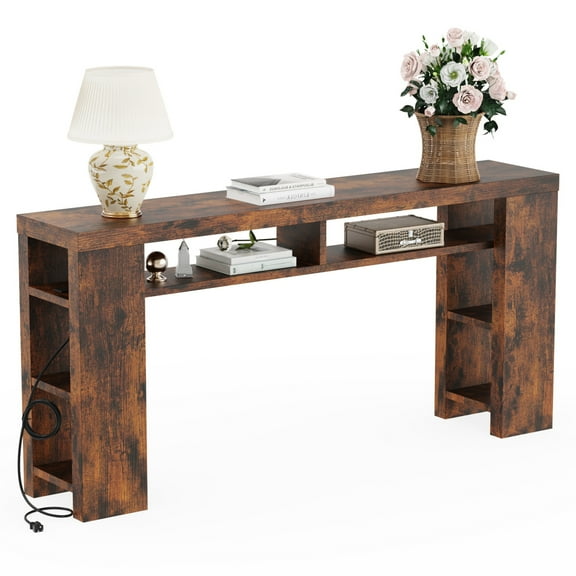 71" Extra Long Console Table with Charging Station, Sofa Table Behind The Couch with Storage Shelves, Wooden Narrow Entryway Table for Living Room, Brown