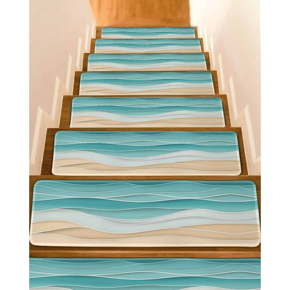 Turquoise Stair Treads for Wooden Steps Indoor Runner Rug Carpet, Ocean Wave Stripes Modern Abstract Beach 15 Pieces Peel and Stick Staircase Step Treads Covers Washable Throw Door Mats, 30"x8"