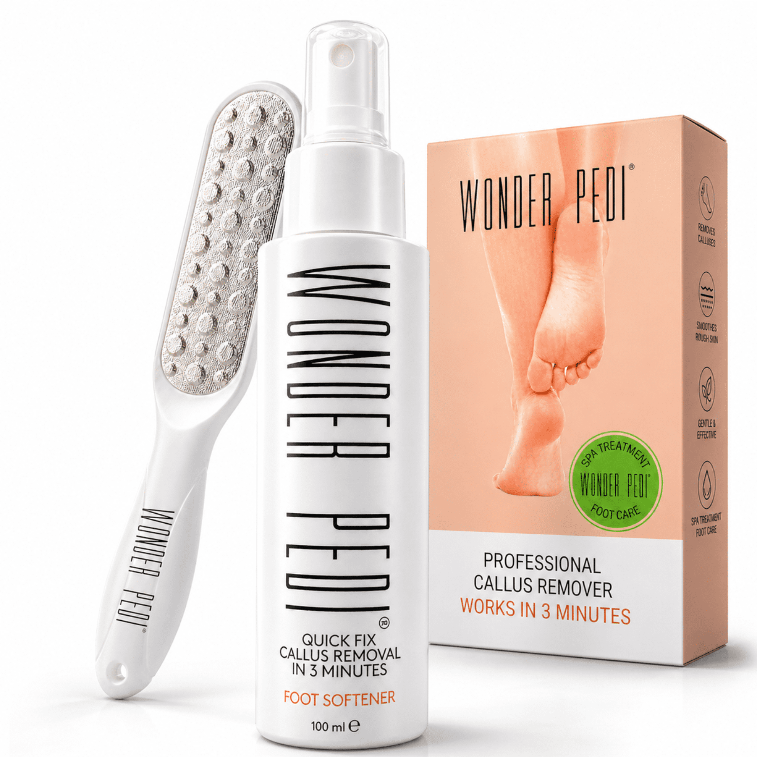 Callus Remover - Three Minutes Quick Fix- Foot File Rasp - Instant Foot Exfoliating Softener Peel Spray, Heels Callus Scrubber File - Home Spa Pedicure Treatment. Wonder Pedi