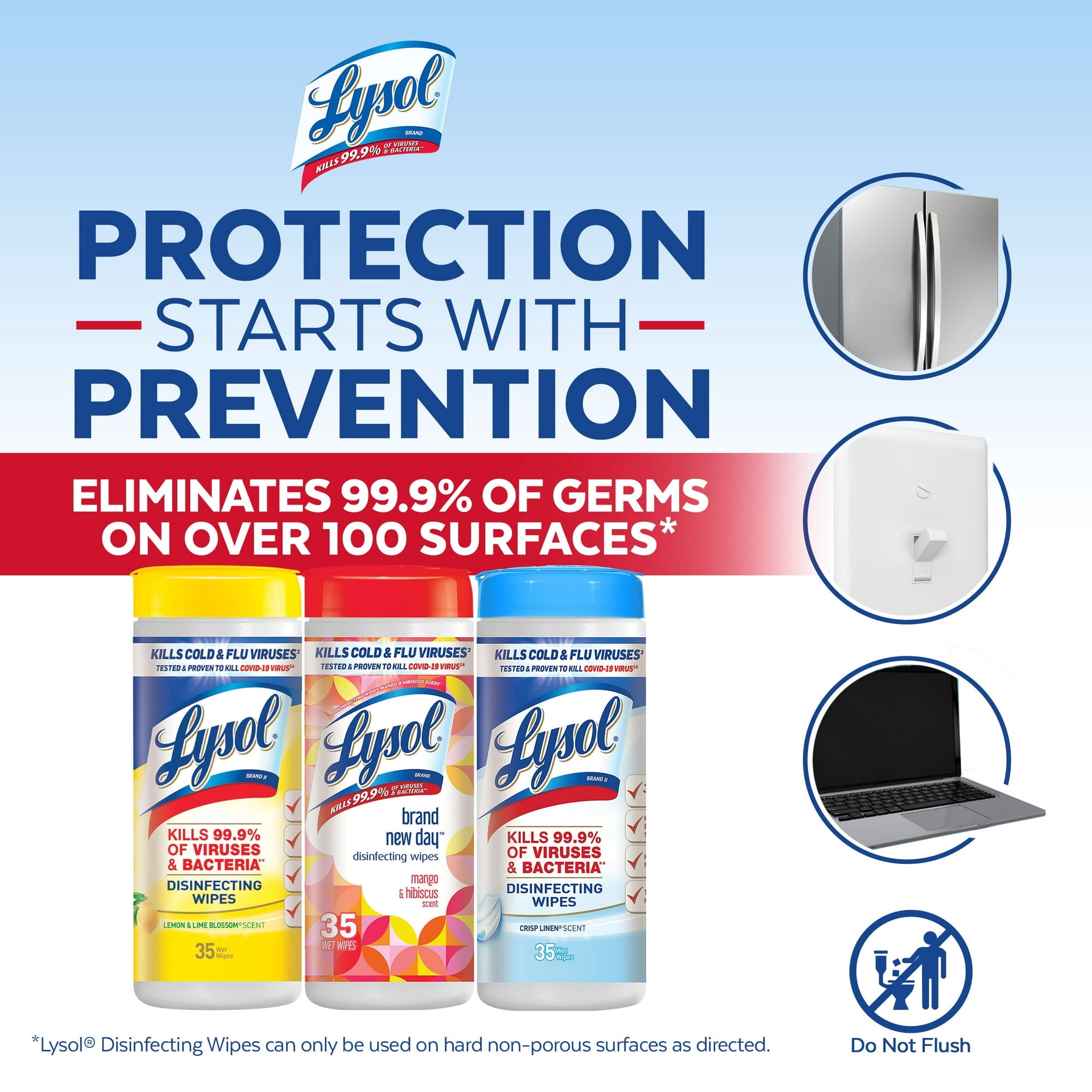 Lysol® Disinfecting Wipes 3x35 - 1 Lemon ,1 Brand New Day Mango & Hibiscus,1 Crisp Linen - 2 Packs (6 Count Total)