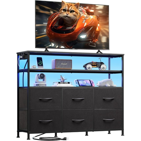 CZMDZH Black TV Stand for 40, 45 inch TV, Entertainment Center with LED Lights & Charging Station, TV Media Console Table with 6 Fabric Drawers and Open Shelves for Living Room, Hallway, Wood Top