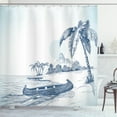 thumbnail image 1 of Vintage Boat Shower Curtain, Hand Drawn Beach with a Ship on Shore Palm Trees Volcano Mountain, Fabric Bathroom Set with Hooks, 69W X 70L Inches, Baby and Night Blue, by Ambesonne, 1 of 3