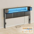 thumbnail image 2 of iSunirm Upholstered Headboard for Queen Size Bed Frame with Storage Cabinet & Shelf, Queen Headboard with Outlets and RGB LED Light, for Bedroom/Dorm Room, 40.1"W x 6.3"D x 43.3"H, Black Oak, 2 of 9