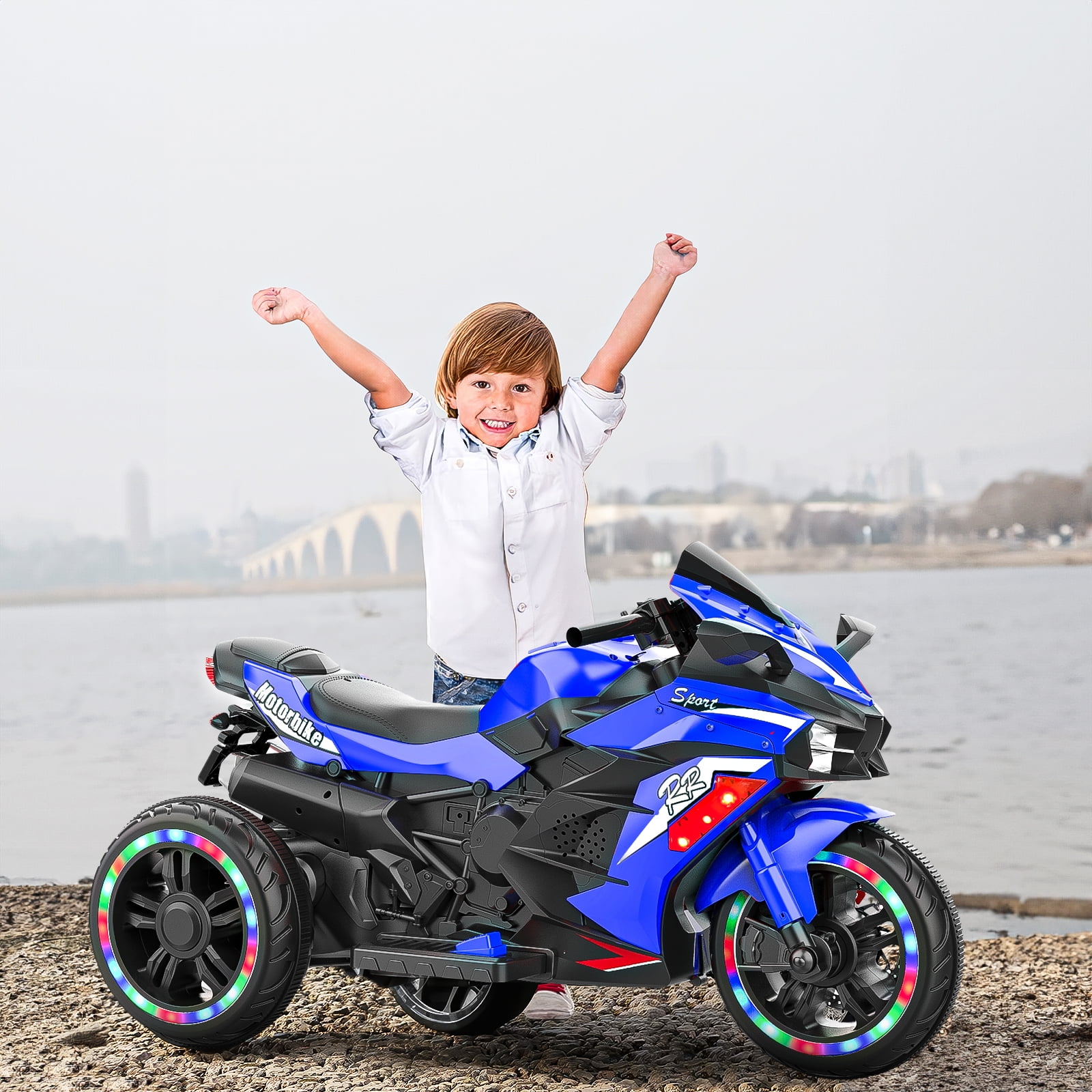 Techvida 12V Kids Motorcycle, Battery Powered Electric Vehicle with 3 Wheels, LED Lights, Foot Pedal, Ride On Motorcycle for Boys Girls (Blue)