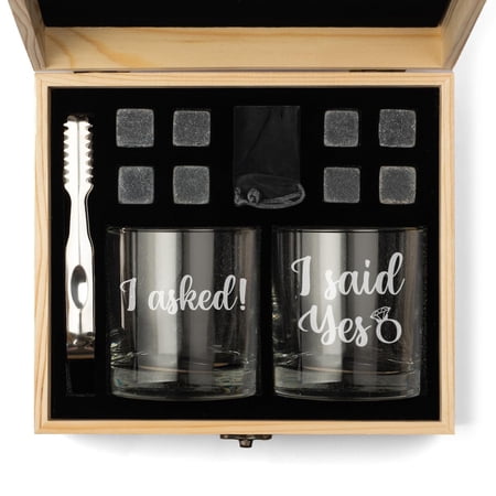 Whiskey Glass Gift Box Set with Whiskey Stones and 2 Rocks Glasses Set of 2 I Asked I Said Yes Engagement