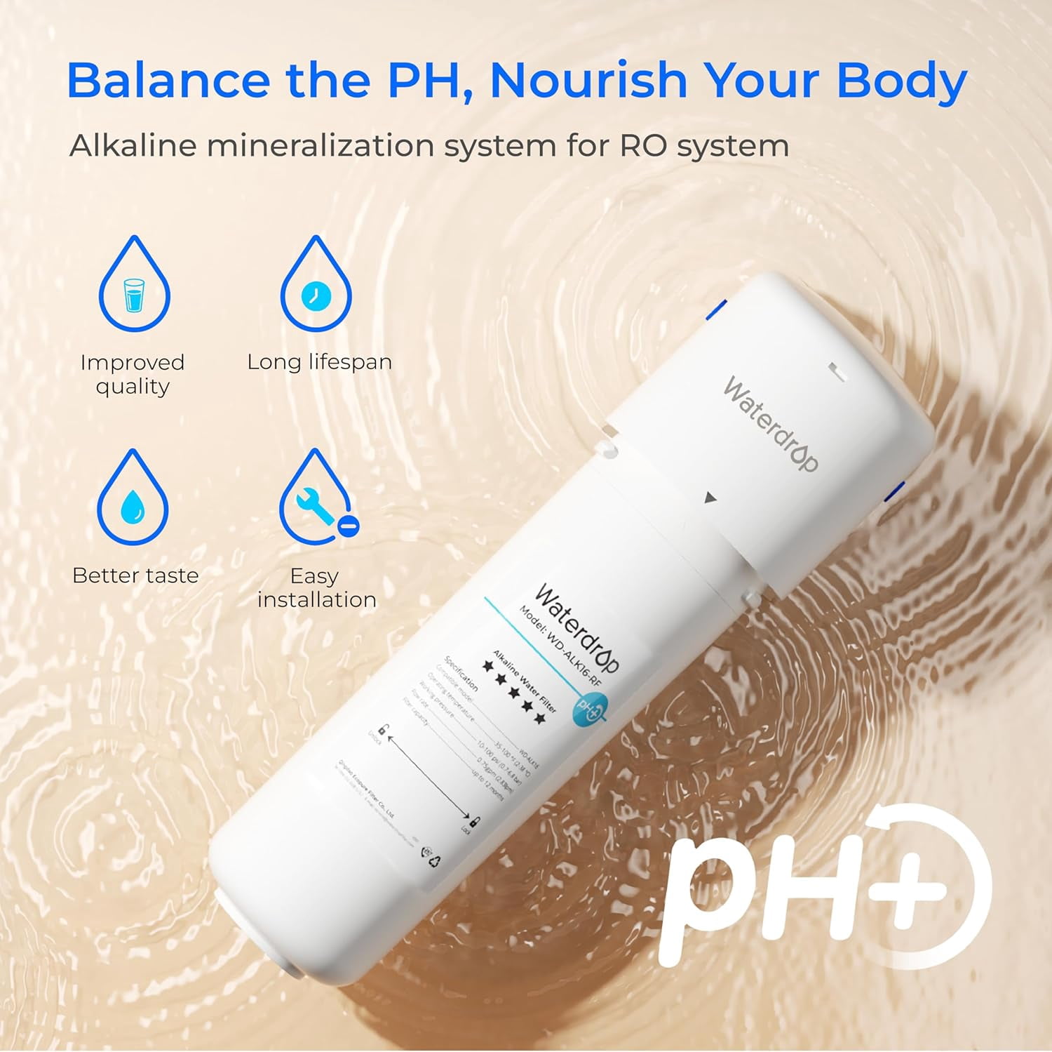 Waterdrop Alkaline Water Filter System for Sink WD-ALK16, Mineralizing Water to 9.5 pH, NSF/ANSI 372 Certified, Compatible with Reverse Osmosis Systems, Under Sink Installation