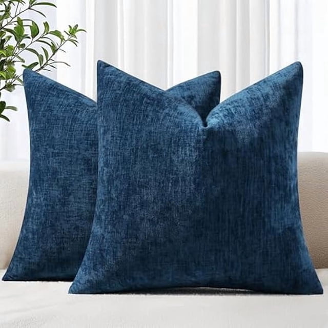 Chenchen Chenille Navy Blue Spring Throw Pillow Covers 18x18 Inch Set of 2, Decorative Soft Couch Pillow Covers Solid Dyed Accent Farmhouse Neutral Square Pillow Cases for Sofa