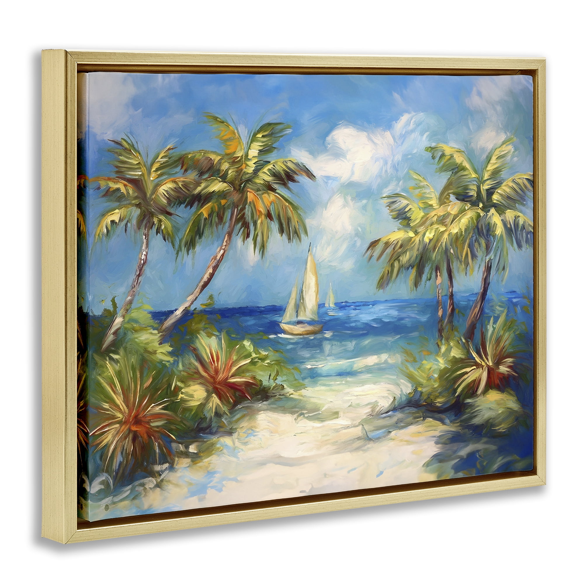 Stupell Industries Tropical Paradise Harbor Coastal Painting Gold Floater Framed Canvas Art Print Wall Art, 21 x 17