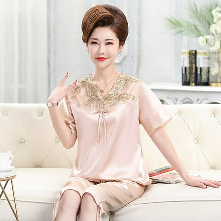 

QWZNDZGR Summer Big M-4XL Elegant Women CAPRIS Sleepwear Faux Silk Pajama Sets Ladies Pyjamas Loungewear Pijama Mujer Homewear Nightwear