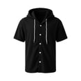 thumbnail image 2 of Men's Waffle Knit Short Sleeve Hoodie With Button Down Front And Drawstring Featuring Casual Loose Fit For Summer Streetwear Beach Vacation Black L, 2 of 8