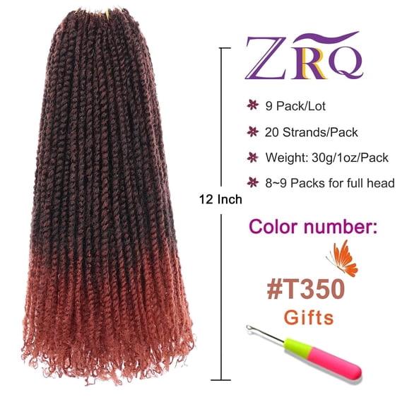 WEIF-12 Inch Micro Twist Crochet Hair Bob Crochet Braids Ombre Red Mini Pre-twisted Passion Twist Mini Senegalese Twist Crochet Hair Pre-looped Yanky Twist Hair Extensions(9 Packs,T350#)