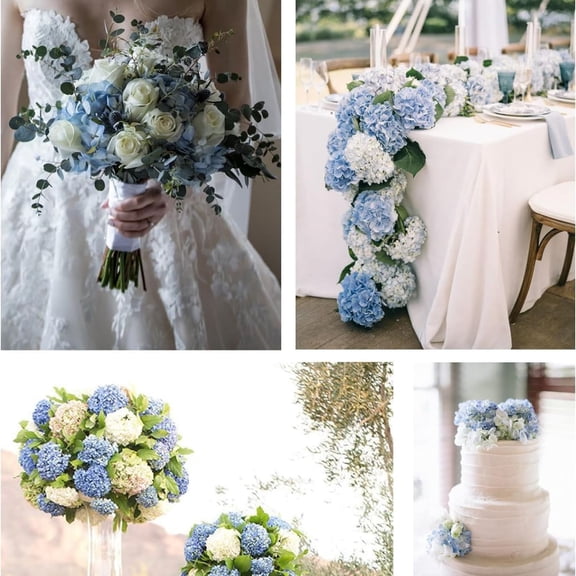 White Blue Hydrangea Artificial Flowers Bulk, 60 Pcs Faux Hydrangea Flowers Heads, Artificial Fake Silk Hydrangea Flowers With Stems, White Blue Flowers Artificial For Decoration Wedding Décor