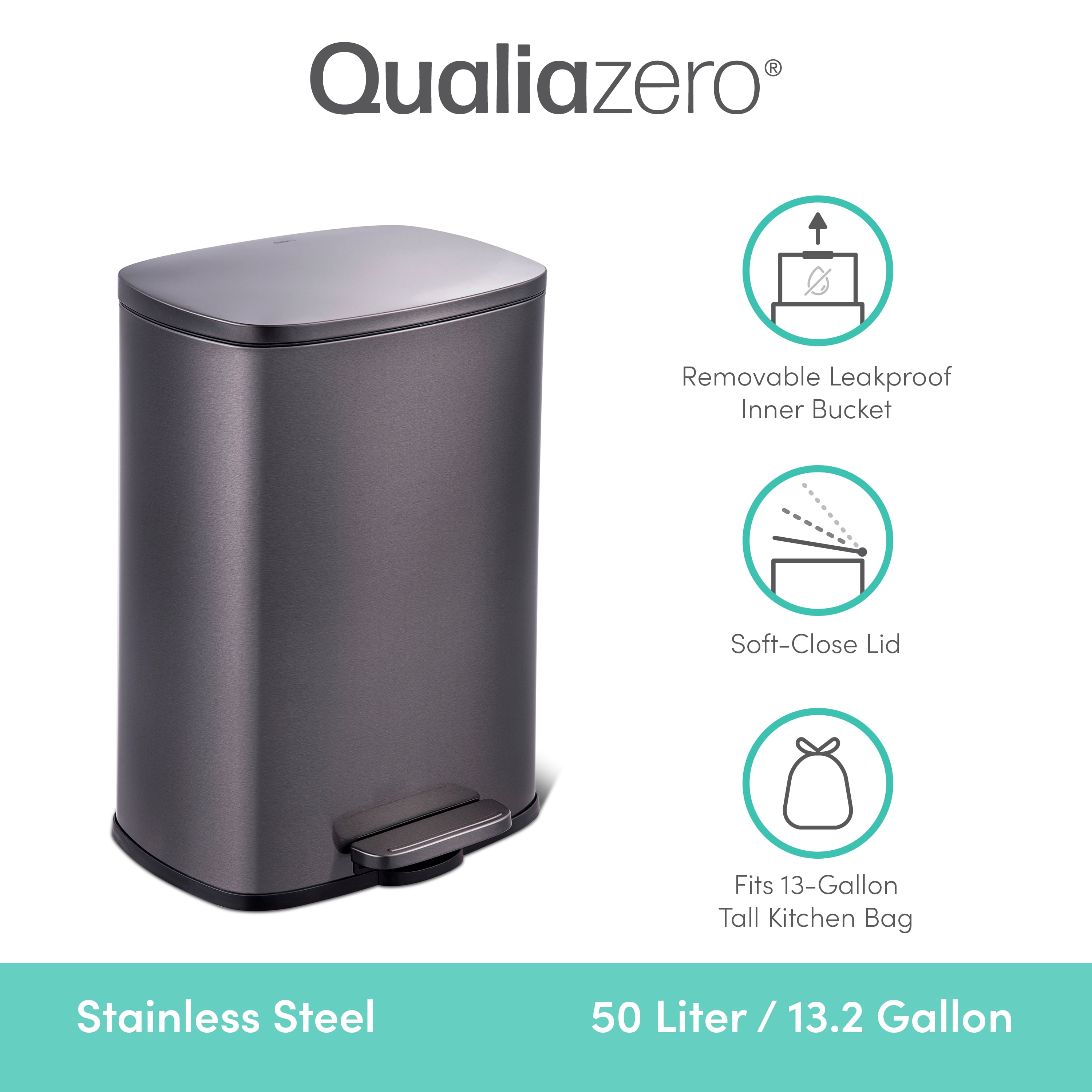 Qualiazero Kitchen Trash Can, 13.2 Gallon Stainless Steel Step Garbage Bin with Soft Close Lid, Black