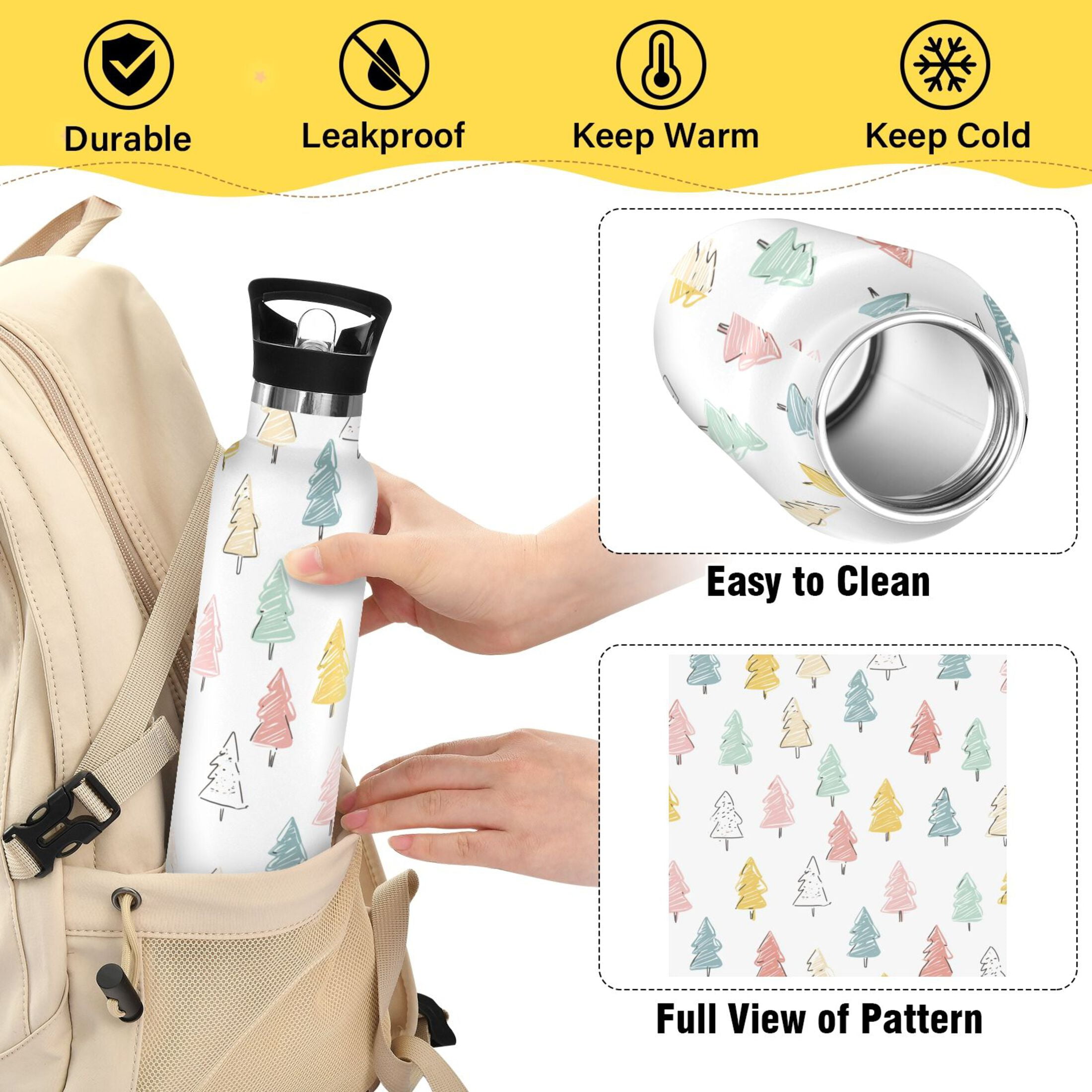 600ML Stainless Steel Insulated Cup Sports Water Bottle Portable Thermos Cup Water Glasses Insulated Tumblers Convenient and Durable Colorful Christmas Tree Beautiful