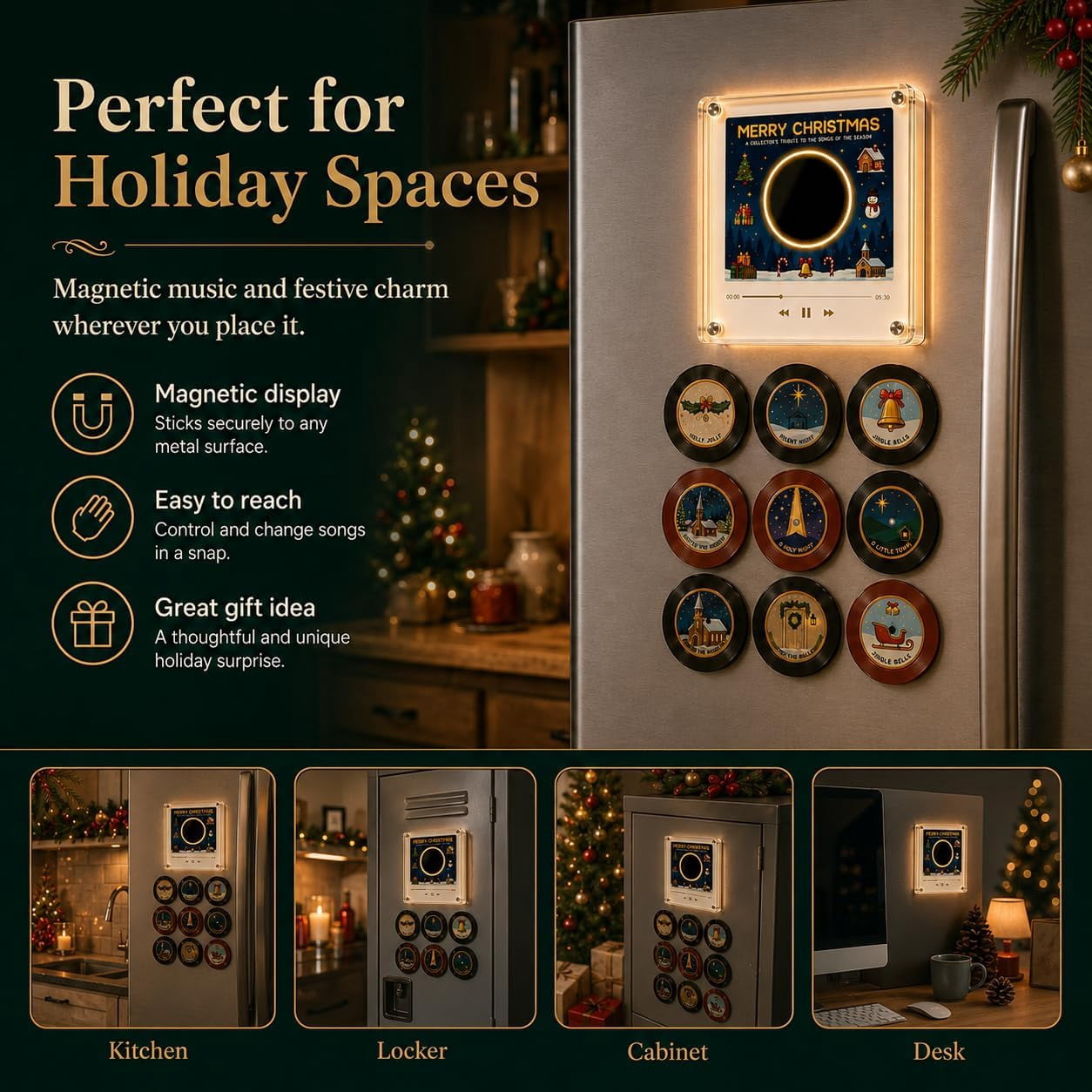 Christmas Fridge Magnet Music Player Set With 9 Vinyl‑Style Discs, NFC Playable Magnetic Music Box, Novelty Home Kitchen Christmas Decor & Holiday Gift
