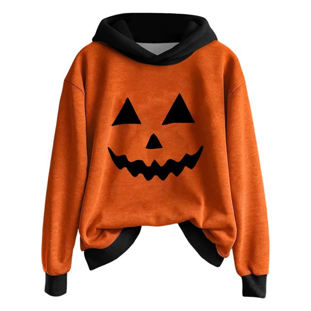 Flixy Sweat à Capuche Grande Taille pour Femmes, Imprimé Citrouille, Manches Longues, Noir, Orange G